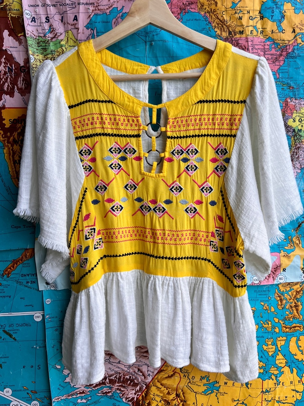 Yellow & White Embroidered Peasant Tunic Top